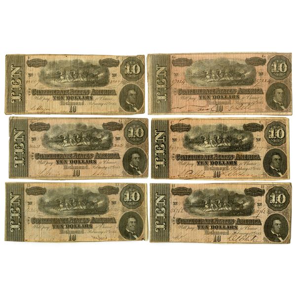 VA. C.S.A., $10, T-68, February 17, 1864, Group of 6 Issued Banknotes.