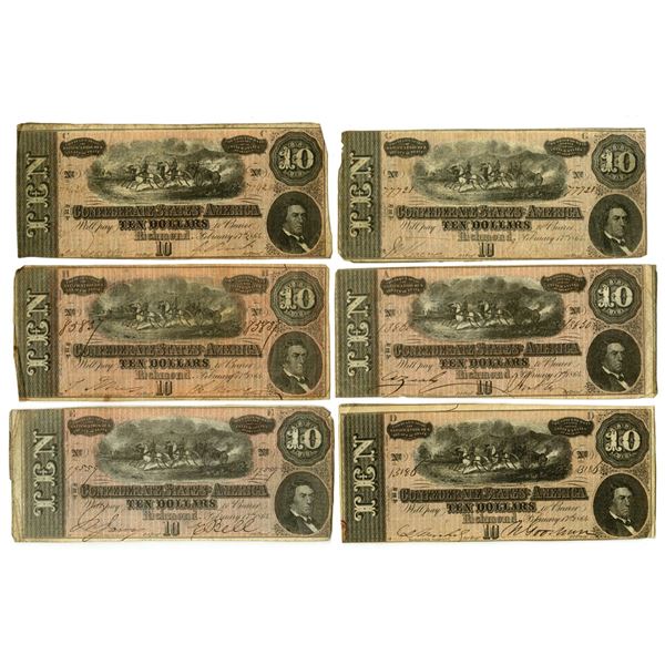 VA. C.S.A., $10, T-68, February 17, 1864, Group of 6 Issued Banknotes.