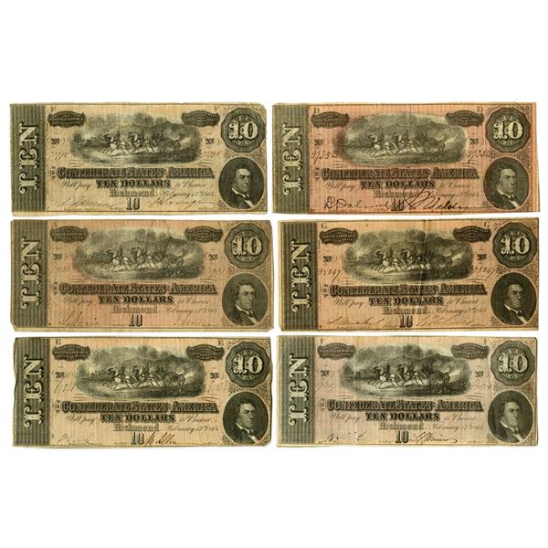 VA. C.S.A., $10, T-68, February 17, 1864, Group of 6 Issued Banknotes.