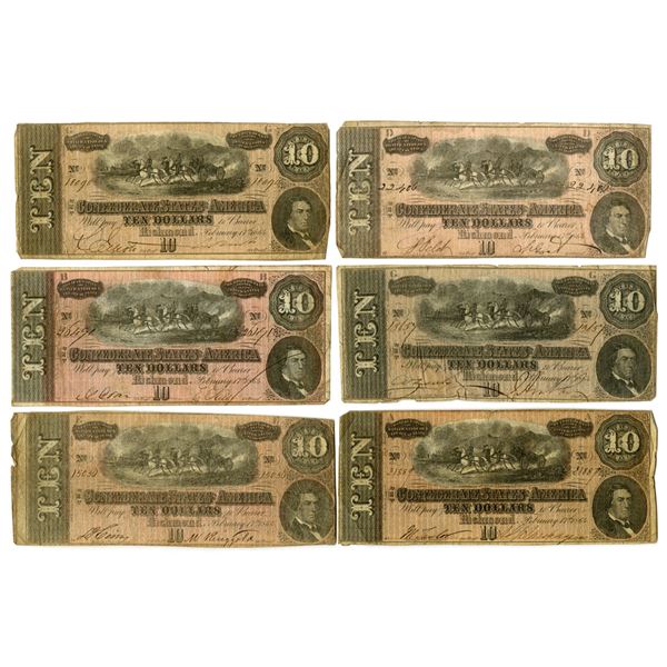 VA. C.S.A., $10, T-68, February 17, 1864, Group of 6 Issued Banknotes.