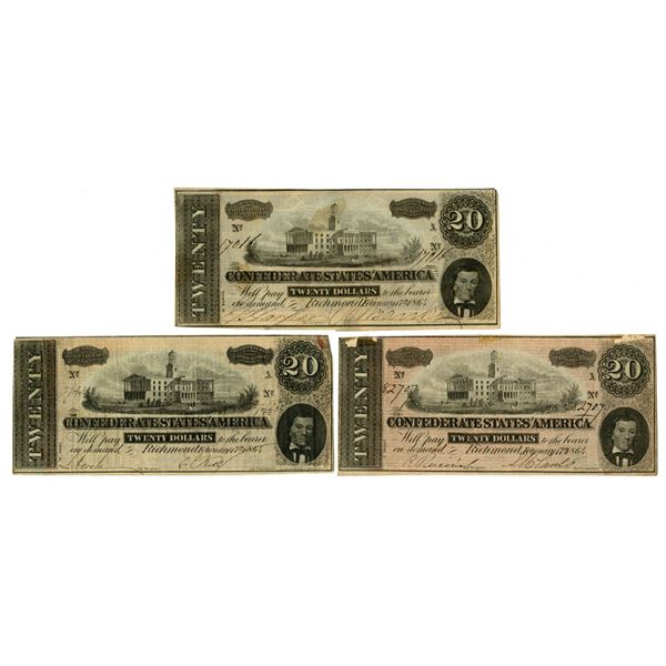 VA. Confederate States of America, $20, T-67, February 17, 1864, Issued Banknote Trio.