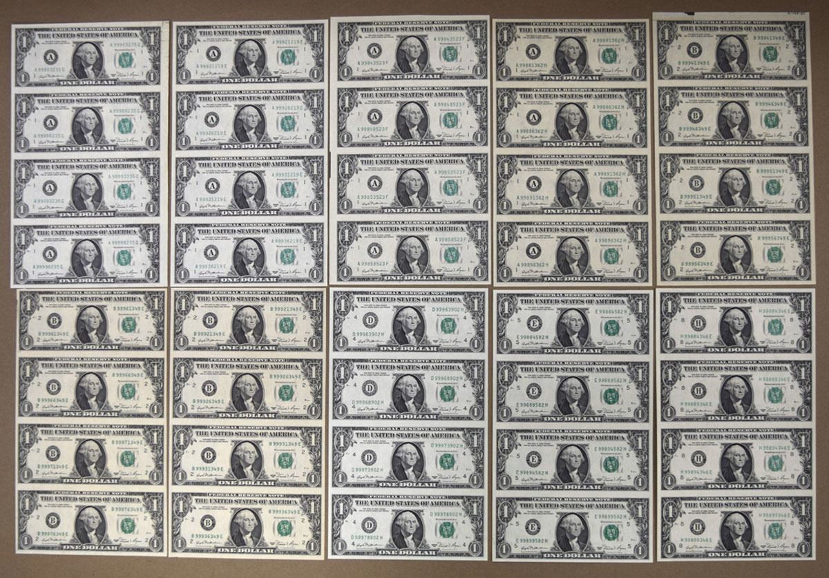 Reserved Notes U.S. Federal Reserve Notes, $1, Series 1981, Collection of Uncut Sheets ...