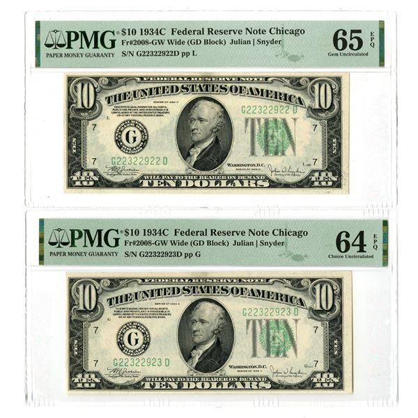 IL.  U.S., F.R.N., $10, Series 1934C, Fr.# 2008GW, Sequential Issued Banknote Pair.