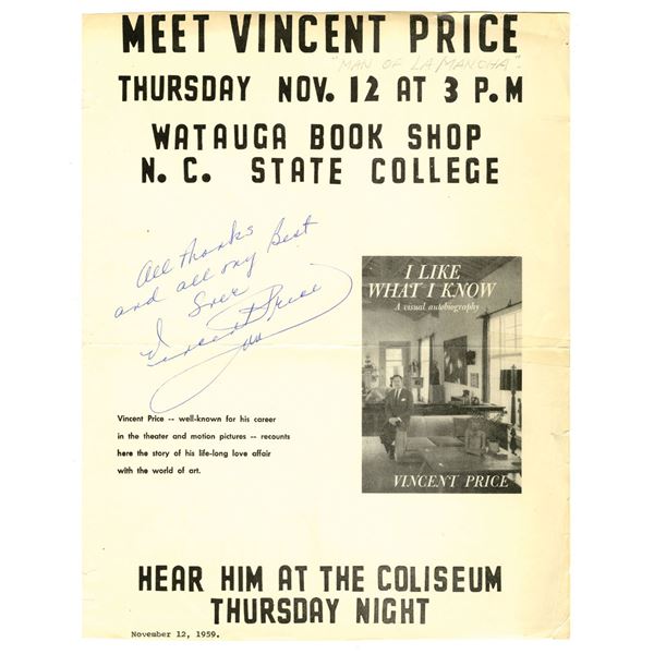 Vincent Price ÒI Know What I LikeÓ Signed Event Poster, 1959, NC State College Appearance.
