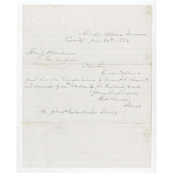 Montana Territory. 1882 Hand Written Note from County Sherriff taking Convict to Prison.