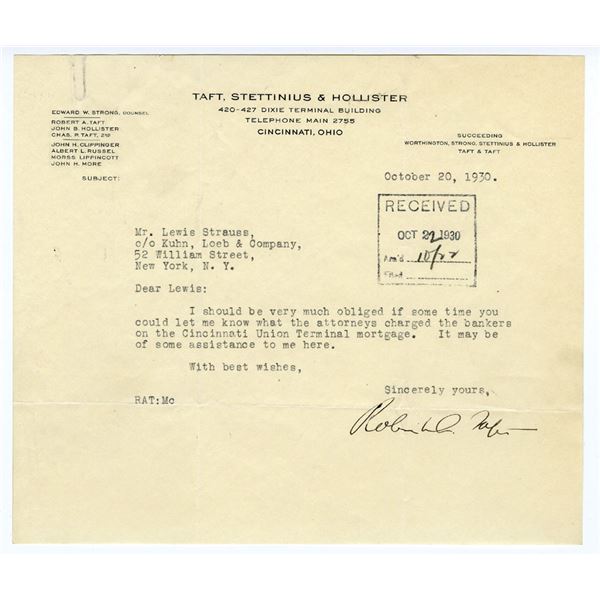 Robert Taft, Son of President Taft. Typed Letter Signed. 1930.