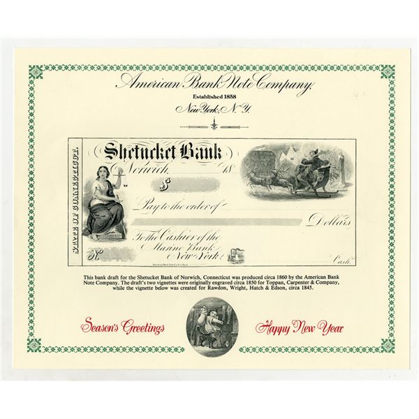 ABNC Reprint Souvenir Cards, Shetucket Bank, 1860's (1993) Bank Draft With 2 Santa Claus Vignettes