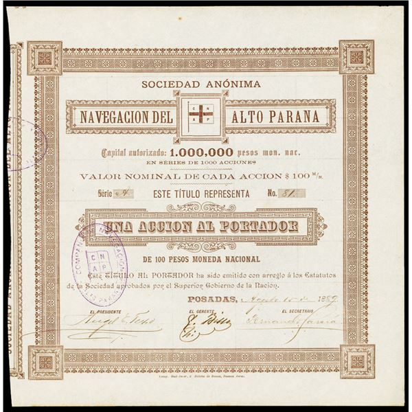 Argentina. Navegacion del Alto Parana, 1889 I/U Bond