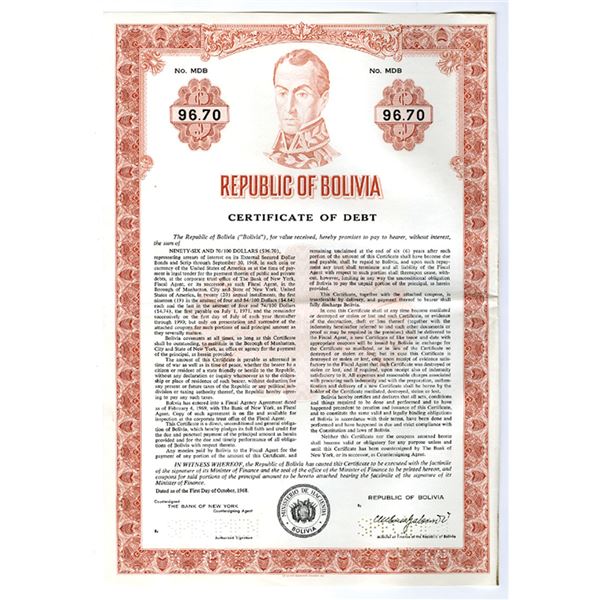 Republic of Bolivia, 1969 Specimen Certificate of Debt/Bond