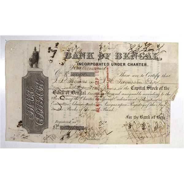 India. Bank of Bengal, ca.1860s-1870s I/C Registered Stock Certificate.