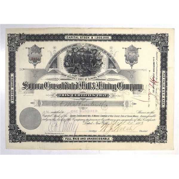 Mexico. Sonora Consolidated Mill & Mining Co., 1883 I/U Stock Certificate.