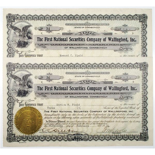 CT, First National Securities Co. of Wallingford, Inc., 1934 I/U Stock Certificate Pair