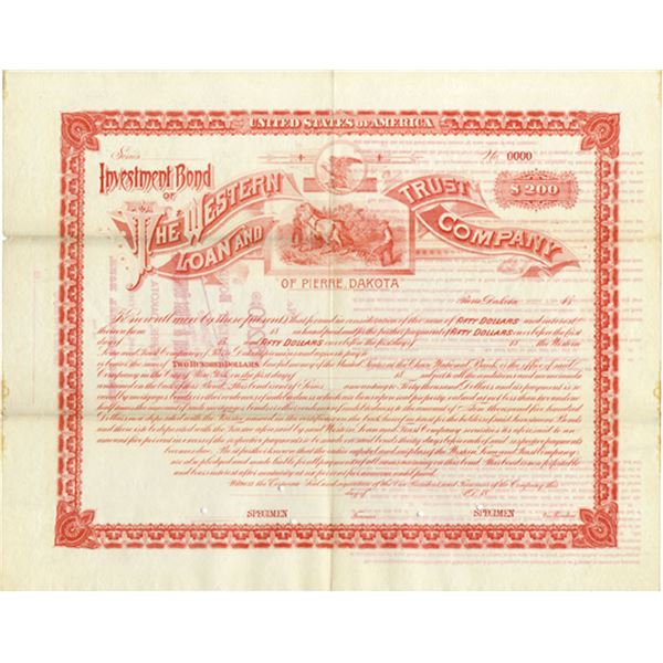 Dakota Territory. Investment Bond of the Western Loan and Trust Co., ND (1870-1880s), Specimen Bond