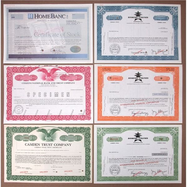 FL., GA., NJ., & DE.  Banking and Finance Collection of Specimen Stock Certificates, ca.1930-2004