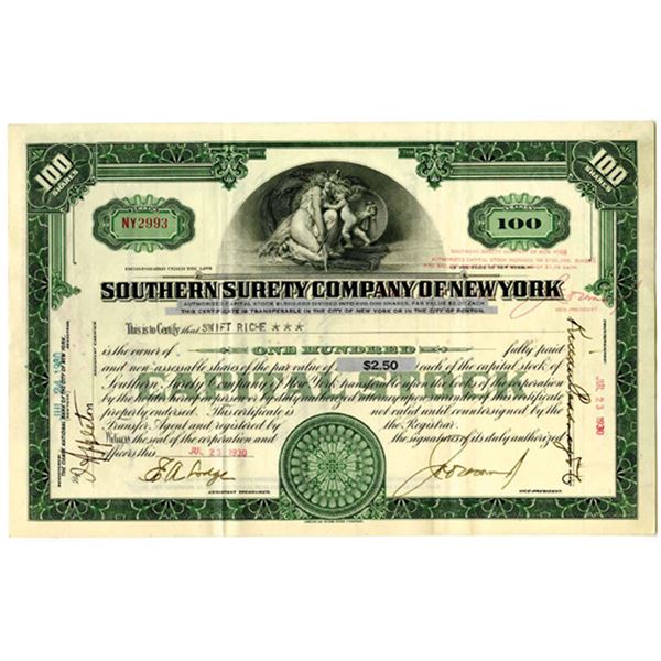 NY. Southern Surety Co. Of New York 1930 I/U Stock Certificate
