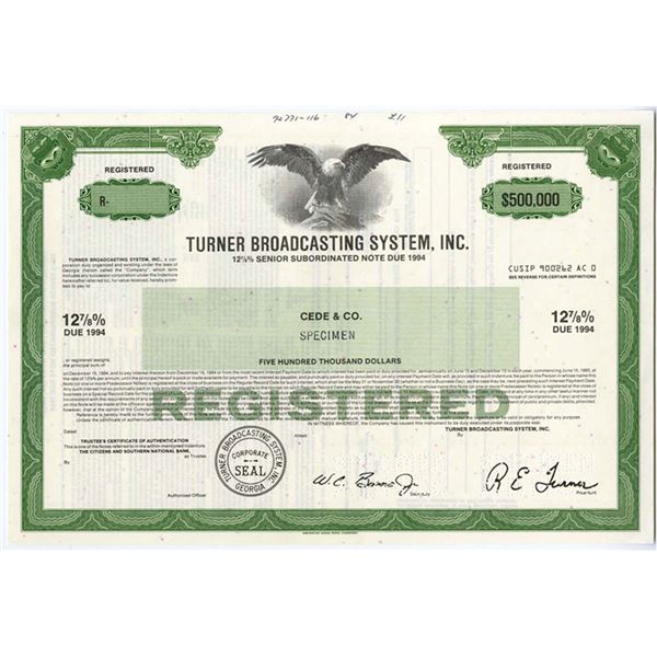GA. Turner Broadcasting System, Inc. "CNN" 1984. Specimen Registered Bond with "Ted" Turner's Facsim