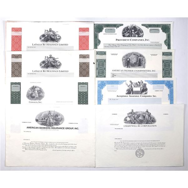 International Insurance and Reinsurance Proof & Progress Proof Stock Certificate Collection, ca. 198