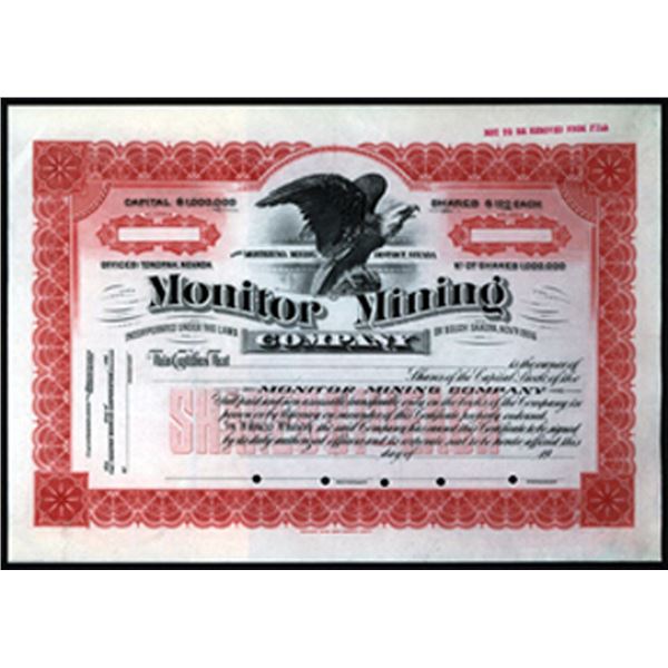 NV. Monitor Mining Co. ca. 1900-20s Specimen Stock Certificate