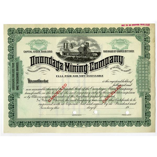 NV. Onondaga Mining Co., ND (1900-20s), Specimen Stock Certificate