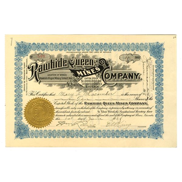 NV. Rawhide Queen Mines Co., 1908, I/U Stock Certificate.