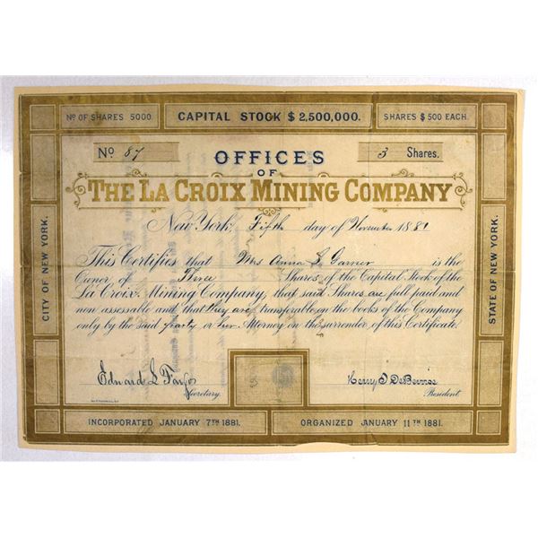 NY. La Croix Mining Co., 1881 I/U Stock Certificate