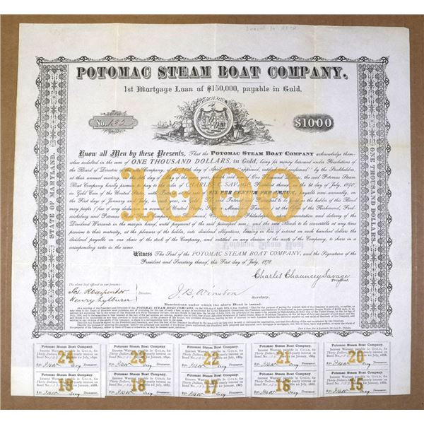 MD. Potomac Steam Boat Co., 1878, I/U Gold Coupon Bond.