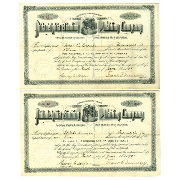 ME. Philadelphia Binding and Mailing Co., 1895, I/U Stock Certificate Pair.