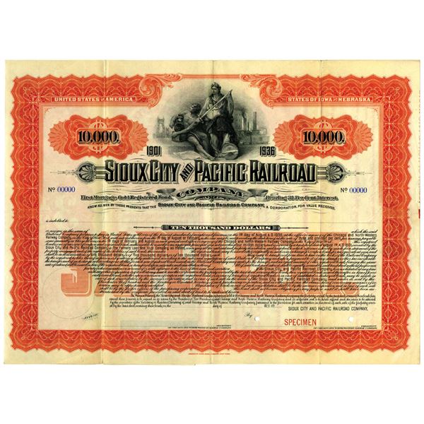 IA. & NE. Sioux City and Pacific Railroad Co., 1901 Specimen Registered Gold Bond