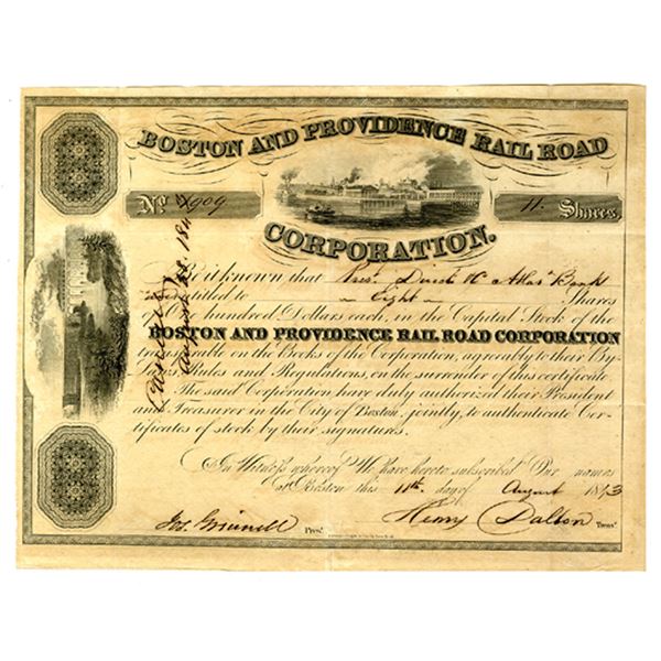 MA. Boston and Providence Railroad Corp., 1843, I/C Stock Certificate
