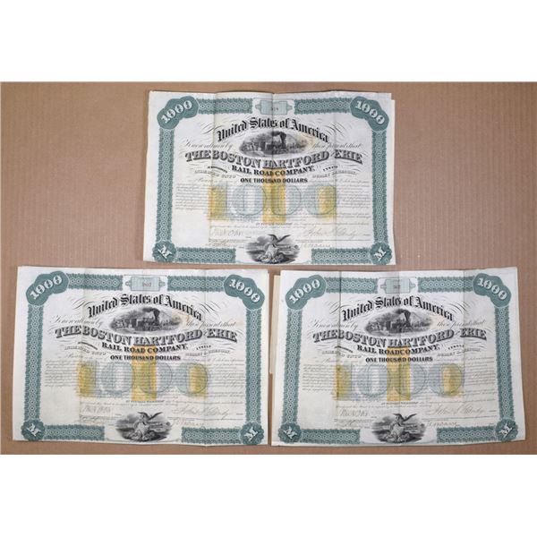 MA. Boston Hartford and Erie Rail Road Co., 1866, I/U Coupon Bond Trio With Imprinted Revenue Stamps