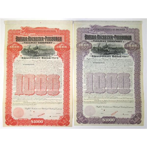 NY & PA. Buffalo, Rochester and Pittsburgh Railway Co., 1907 and 1909, Specimen Coupon Bond Pair.