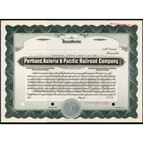 OR. Portland, Astoria & Pacific Railroad Co., ND(ca.1900-1920), Specimen Stock Certificate