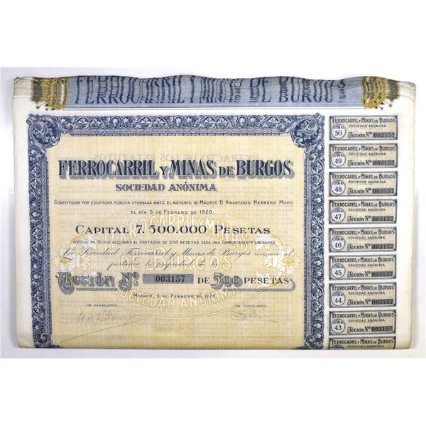 Spain. Ferrocarril y Minas de Burgos, 1920 I/U Share Certificate Lot of 50 Certificates