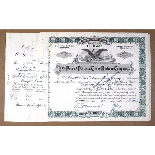 TX. Pecos and Northern Texas Railway Co., 1928, I/C Stock Certificate.