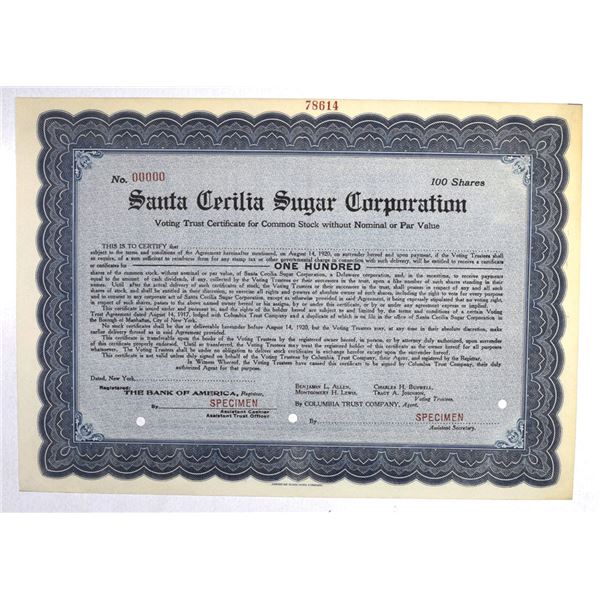 Cuba. Santa Cecilia Sugar Corp., 1920, Specimen Stock Certificate