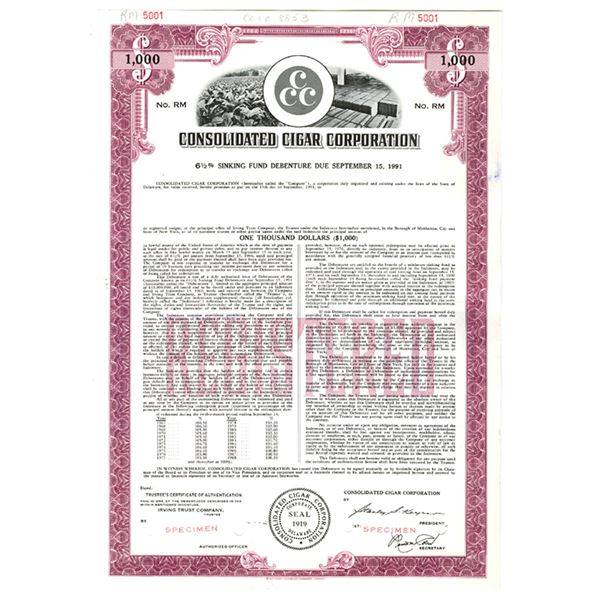 Consolidated Cigar Corp., ND (1950-60s), Specimen Bond