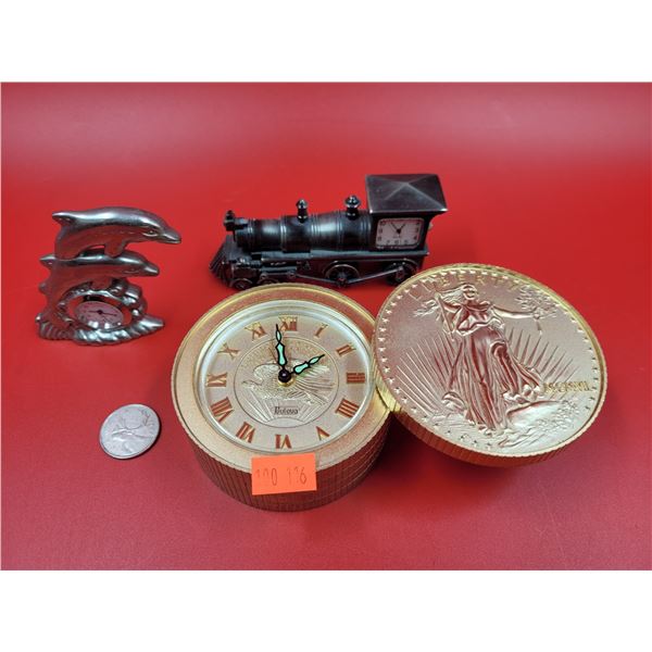 VTG Clock Lot w/ Bulova Desk Clock, Train Clock, & Alpine Dolphin Clock