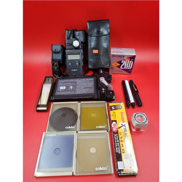 Camera Accessory & Supplies Lot w/ Flash Meter IV, Viewfinder, Film Holder, & More