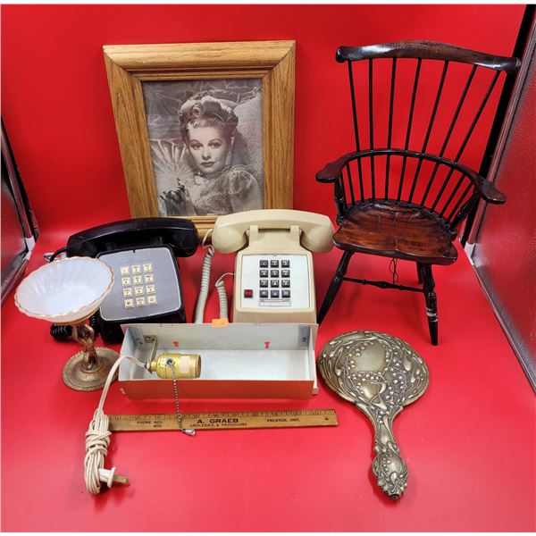 2 VTG Telephones, Miniature Wooden Chair, Framed Lucile Ball Picture & VTG Lot