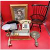 Image 1 : 2 VTG Telephones, Miniature Wooden Chair, Framed Lucile Ball Picture & VTG Lot