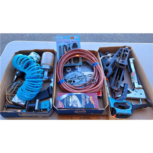 Large Lot Of Misc. Tools Including Jacks, Chalking Guns & Air Hoses