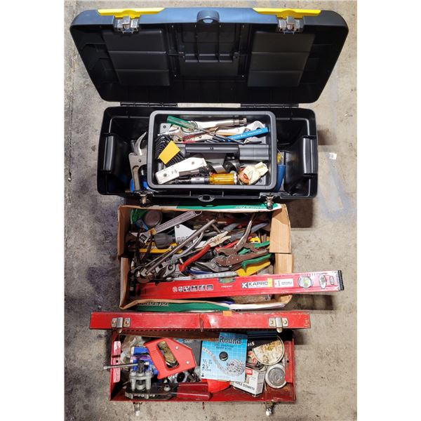 Assorted Tool Lot w/ Toolboxes, Pliers, Level, & More