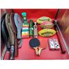 Image 1 : Sporting Goods Lot w/ Football, Baseball Bat, Ping Pong Paddles, Tennis Rackets, Birdies, & More