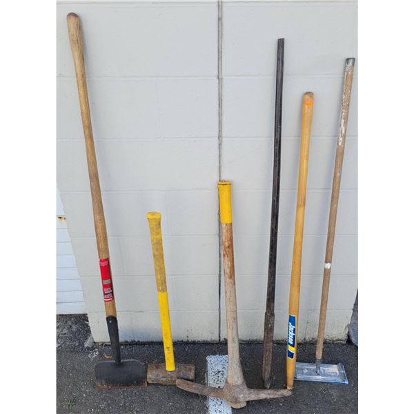 Tool Lot w/ Pickaxe, Sledgehammer, Ice Scraper, & More