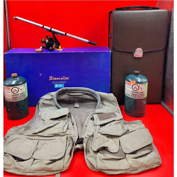 Fishing & Camping Lot w/ Coleman Propane, Simms Fishing Vest, & Fishing Reel