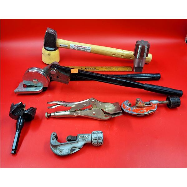 Assorted Tool Lot w/ Vise Grip Pliers, Ridgid Tubing Cutter, Flooring Mallet, & More