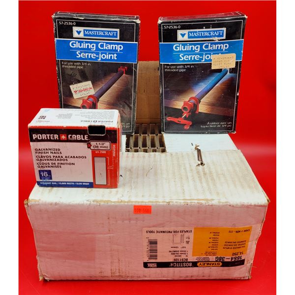 Box Of Stanley Bostitch Staples, Porter Cable Galvanized Finish Nails & Mastercraft Gluing Clamps