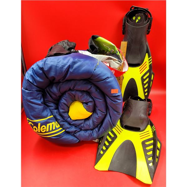 Coleman Sleeping Bag & Scuba Flippers