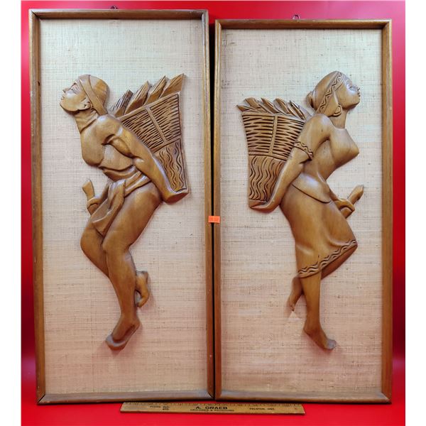 Pair of Mid Century Carved Wood Wall Art Pieces