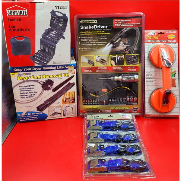 Job Mate Tool Kit, DuraPRO Snake Driver, Pitbull Double Suction Puller, Straps & Dryer Lint Removal